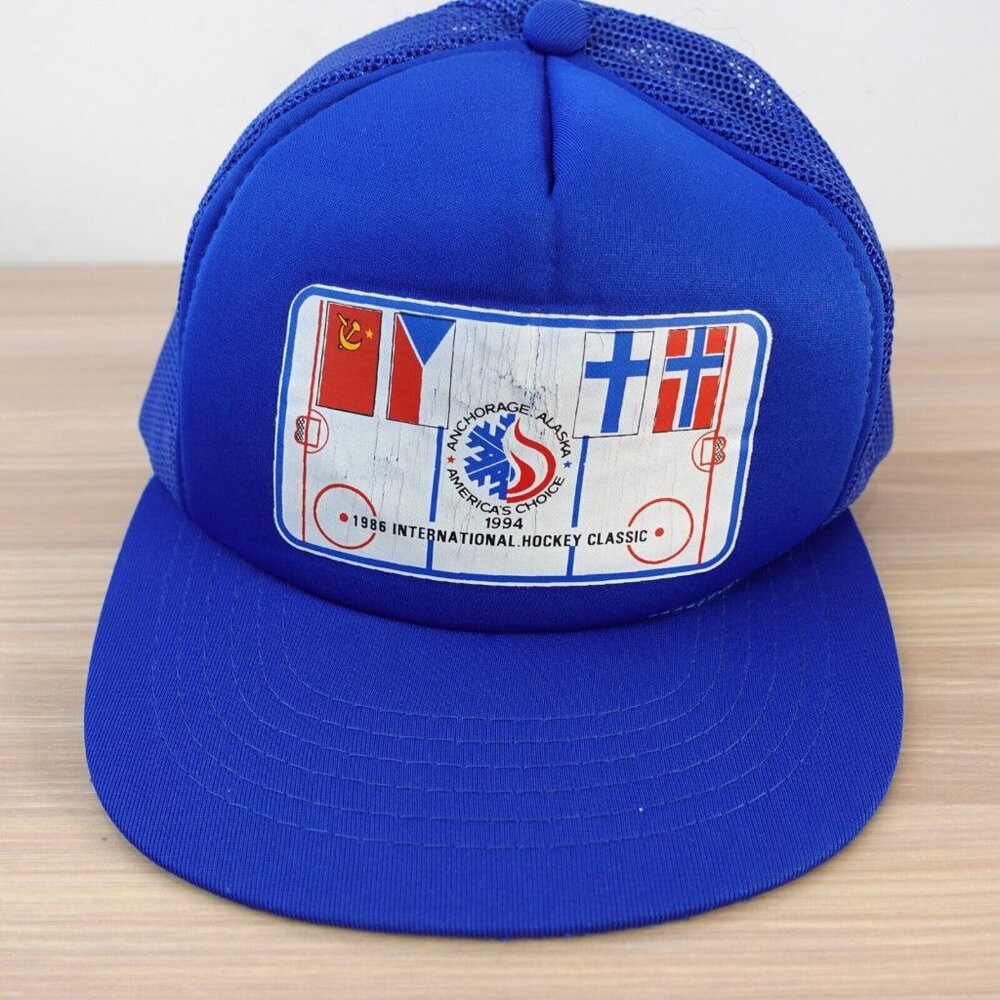 VINTAGE Hockey Cap‎ 1986 Anchorage ALASKA Blue Classic Hat Trucker International